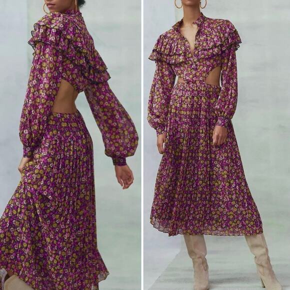Ronny Kobo Floral Chiffon Midi Dress Cut-Out Long Sleeve Pleats Purple Large New